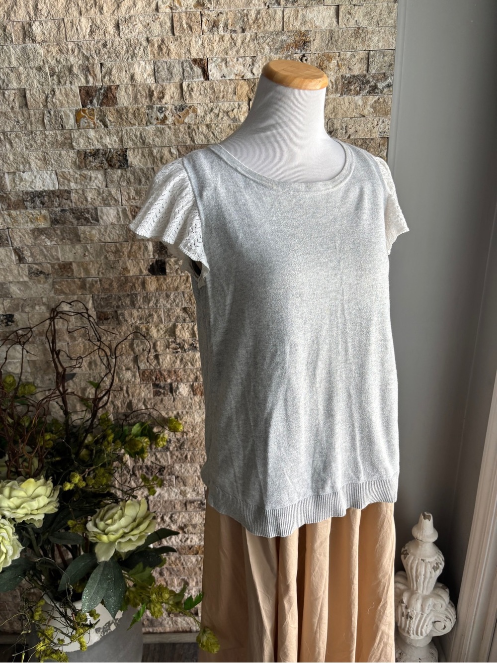 LOFT Silver Gray Knit Short Sleeve Top with Lace Flutter Sleeves